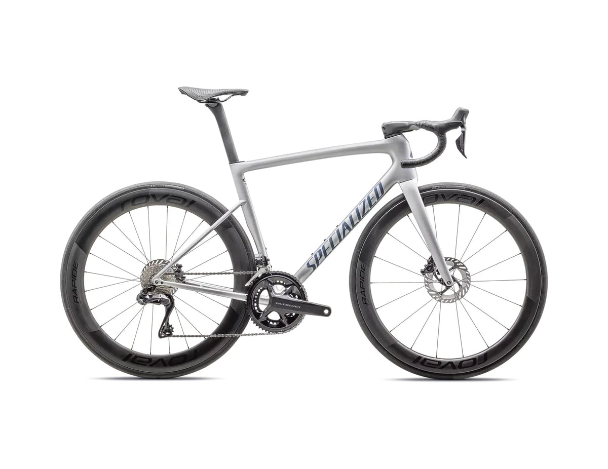 Specialized TARMAC SL8 PRO DI2 Gloss Liquid Silver / Satin Blue Pearl Over Black Liquid Metal 54