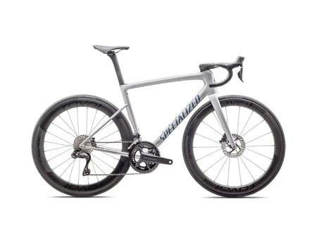 Specialized TARMAC SL8 PRO DI2 Gloss Liquid Silver / Satin Blue Pearl Over Black Liquid Metal 54